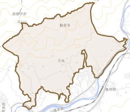大字三井とその周辺の地図。町の範囲を重ねている