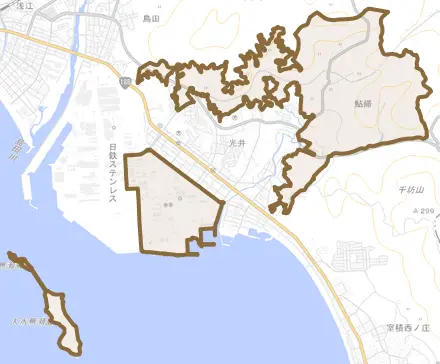 大字光井とその周辺の地図。町の範囲を重ねている