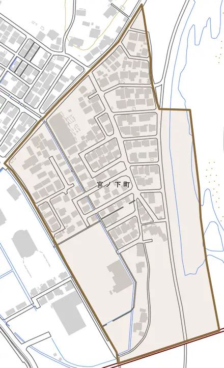宮ノ下町とその周辺の地図。町の範囲を重ねている