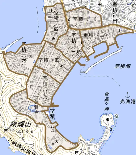室積とその周辺の地図。町の範囲を重ねている