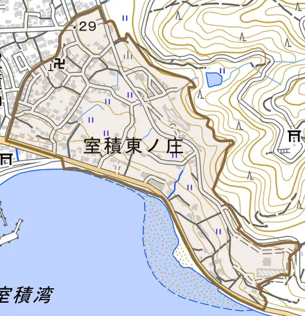 室積東ノ庄とその周辺の地図。町の範囲を重ねている
