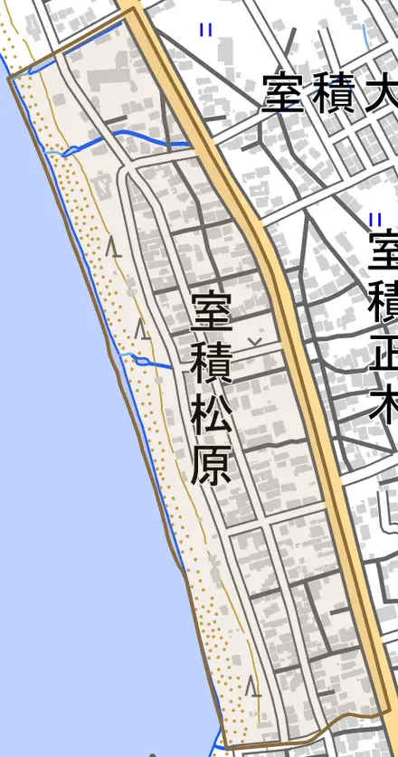 室積松原とその周辺の地図。町の範囲を重ねている