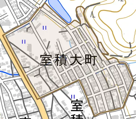 室積大町とその周辺の地図。町の範囲を重ねている