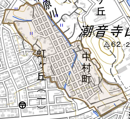 中村町とその周辺の地図。町の範囲を重ねている