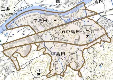 中島田とその周辺の地図。町の範囲を重ねている
