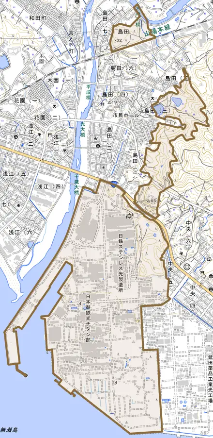 大字島田とその周辺の地図。町の範囲を重ねている