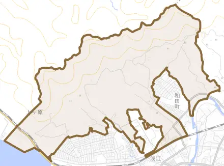 大字浅江とその周辺の地図。町の範囲を重ねている