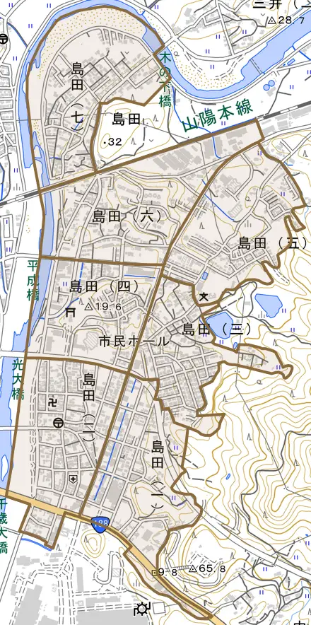 島田とその周辺の地図。町の範囲を重ねている