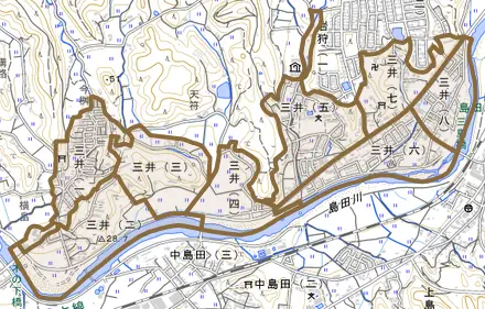 三井とその周辺の地図。町の範囲を重ねている