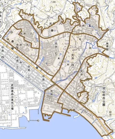 光井とその周辺の地図。町の範囲を重ねている