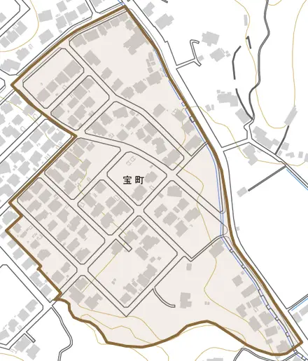 宝町とその周辺の地図。町の範囲を重ねている