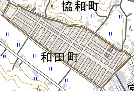 和田町とその周辺の地図。町の範囲を重ねている