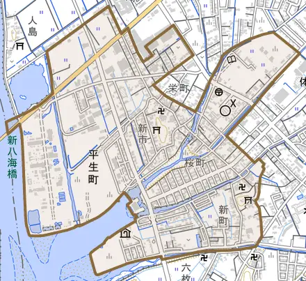 大字平生町とその周辺の地図。町の範囲を重ねている