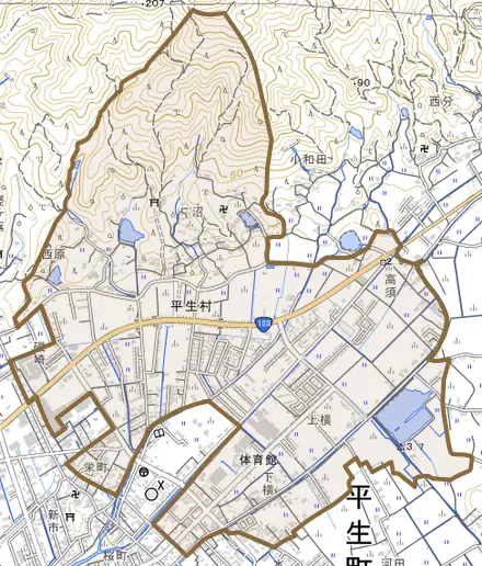 大字平生村とその周辺の地図。町の範囲を重ねている