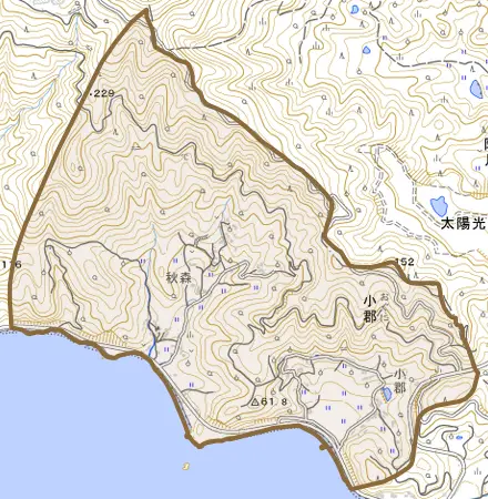 大字小郡とその周辺の地図。町の範囲を重ねている