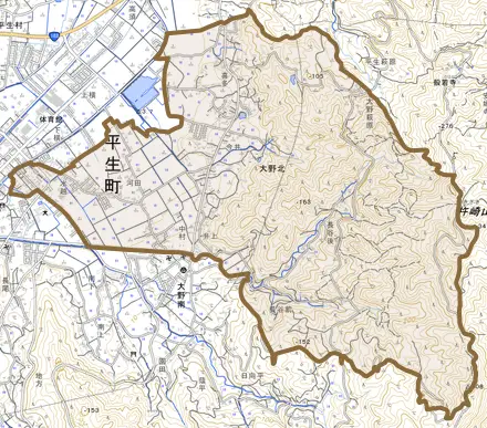 大字大野北とその周辺の地図。町の範囲を重ねている