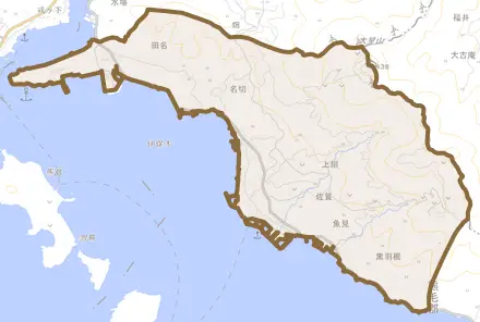 大字佐賀とその周辺の地図。町の範囲を重ねている