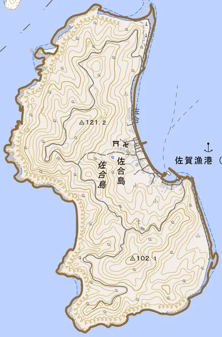 大字佐合島とその周辺の地図。町の範囲を重ねている