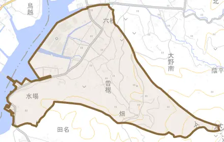 大字曽根とその周辺の地図。町の範囲を重ねている