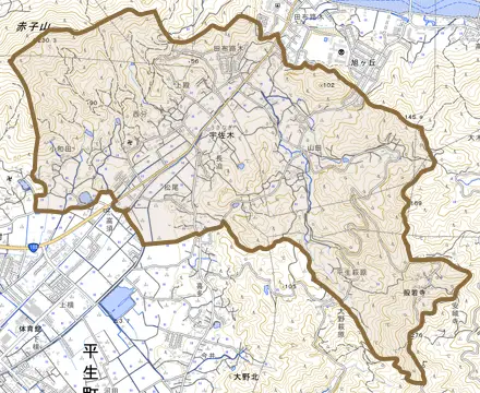 大字宇佐木とその周辺の地図。町の範囲を重ねている