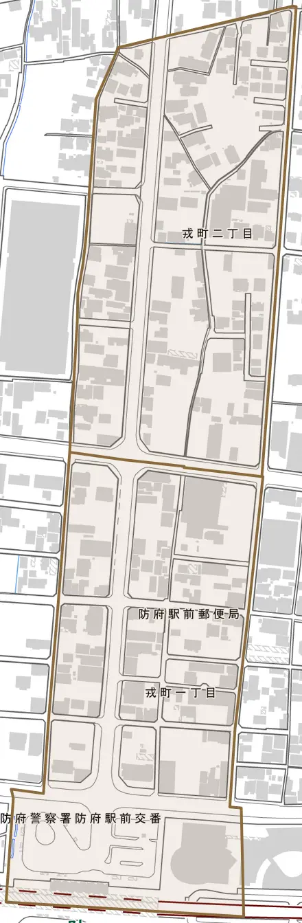 戎町とその周辺の地図。町の範囲を重ねている