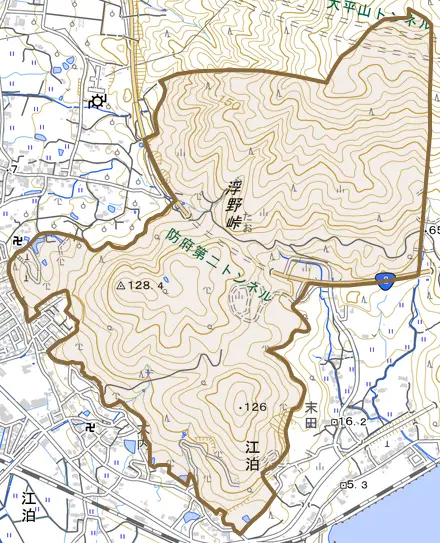 大字江泊とその周辺の地図。町の範囲を重ねている