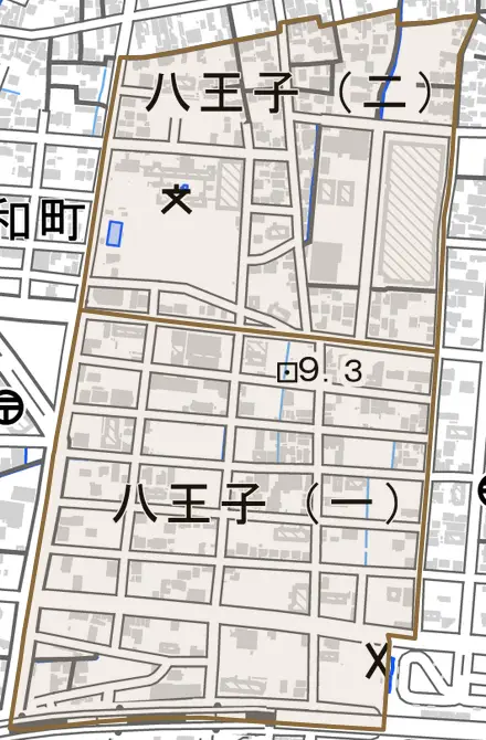 八王子とその周辺の地図。町の範囲を重ねている