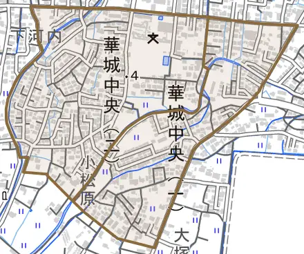 華城中央とその周辺の地図。町の範囲を重ねている