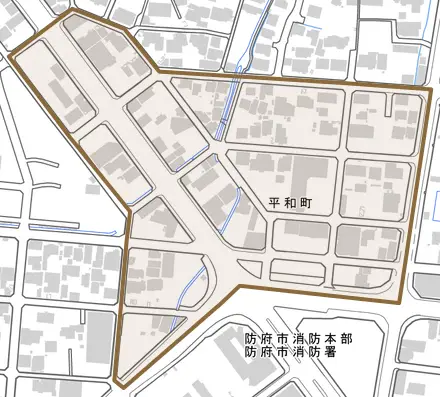 平和町とその周辺の地図。町の範囲を重ねている