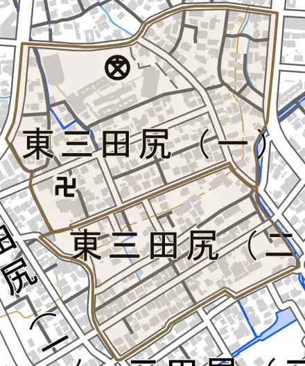 東三田尻とその周辺の地図。町の範囲を重ねている