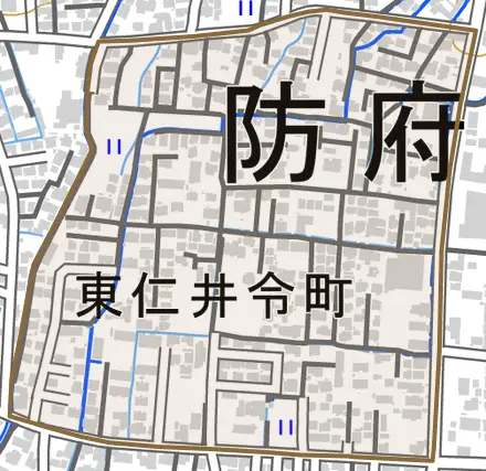東仁井令町とその周辺の地図。町の範囲を重ねている