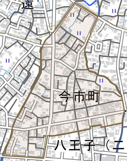 今市町とその周辺の地図。町の範囲を重ねている