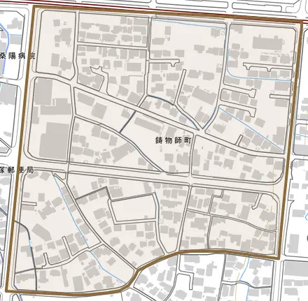 鋳物師町とその周辺の地図。町の範囲を重ねている