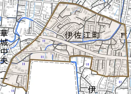 伊佐江町とその周辺の地図。町の範囲を重ねている