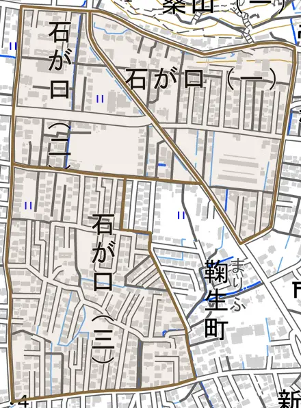 石が口とその周辺の地図。町の範囲を重ねている