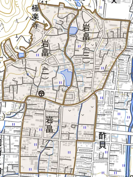 岩畠とその周辺の地図。町の範囲を重ねている
