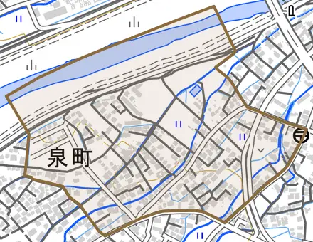 泉町とその周辺の地図。町の範囲を重ねている