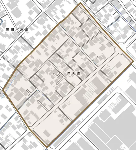 自力町とその周辺の地図。町の範囲を重ねている