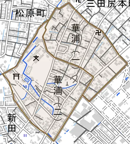 華浦とその周辺の地図。町の範囲を重ねている