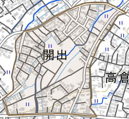 開出とその周辺の地図。町の範囲を重ねている