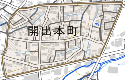 開出本町とその周辺の地図。町の範囲を重ねている