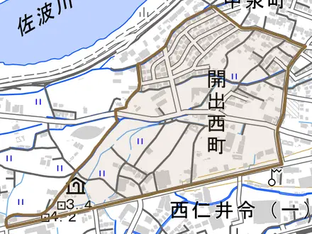 開出西町とその周辺の地図。町の範囲を重ねている