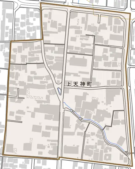 上天神町とその周辺の地図。町の範囲を重ねている