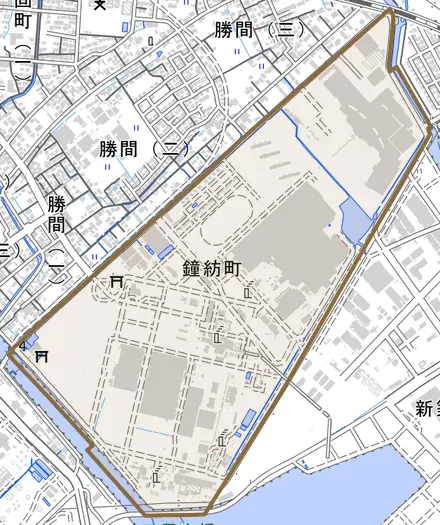 鐘紡町とその周辺の地図。町の範囲を重ねている