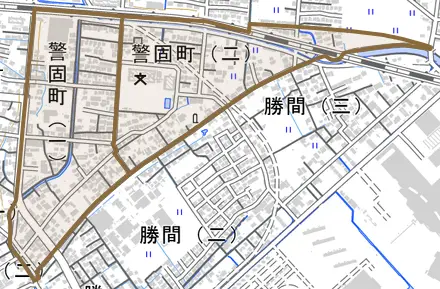 警固町とその周辺の地図。町の範囲を重ねている