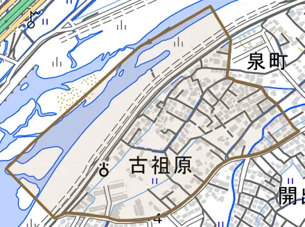 古祖原とその周辺の地図。町の範囲を重ねている