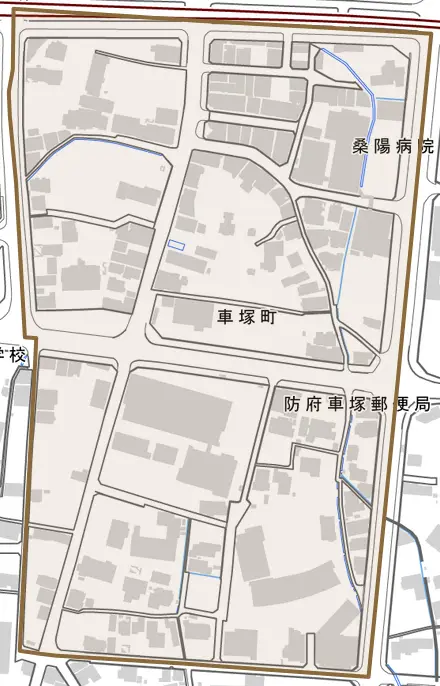 車塚町とその周辺の地図。町の範囲を重ねている
