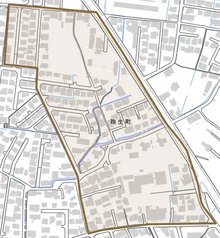 鞠生町とその周辺の地図。町の範囲を重ねている