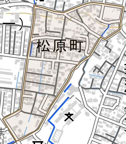 松原町とその周辺の地図。町の範囲を重ねている