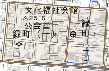 緑町とその周辺の地図。町の範囲を重ねている